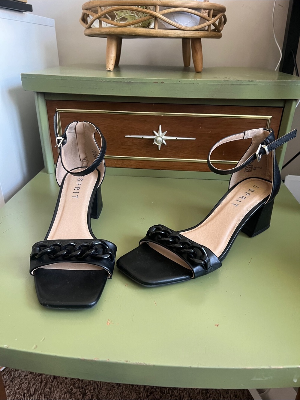Esprit Black Chain-Accent Block Heel Sandals